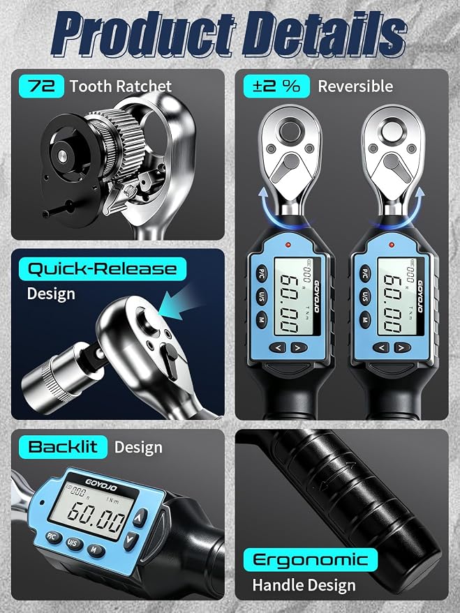 GOYOJO 3/8 Inch Digital Torque Wrench, 1.3–44 ft-lbs/1.8–60 N.m High-Precision Professional Tool for Auto Repair, Bicycle, Motorcycle Maintenance DIY Projects ±2% High Accuracy LED Flash Notification