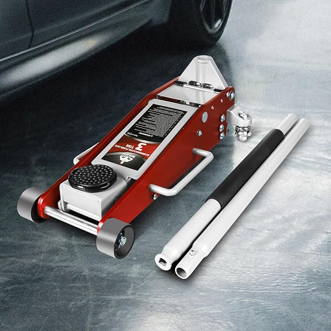 Jack Boss 3 Ton Low Profile, Aluminum and Steel Racing Floor Jack with Dual Pistons Quick Lift Pump for Sport Utility Vehicle, Lifting Range 3-15/16" min to 18-5/16" max, Net Weight 58.5 lb, Red