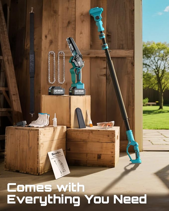 SEESII 2-in-1 Cordless Pole Saws & Mini Chainsaw 6 Inch for Tree Trimming | 2 x 4000mAh Batteries, Handheld Cutter with 10FT Extension Pole for Pruning, Yard Cleanup, Ideal for Homeowners Gardeners