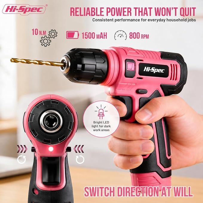 Hi-Spec Cordless Drill Set, 8V USB Pink Power Drill Driver & Screw Bit Set for Women. Ladies Cordless & Rechargeable Electric Drill Driver with Wall Hanging Kit