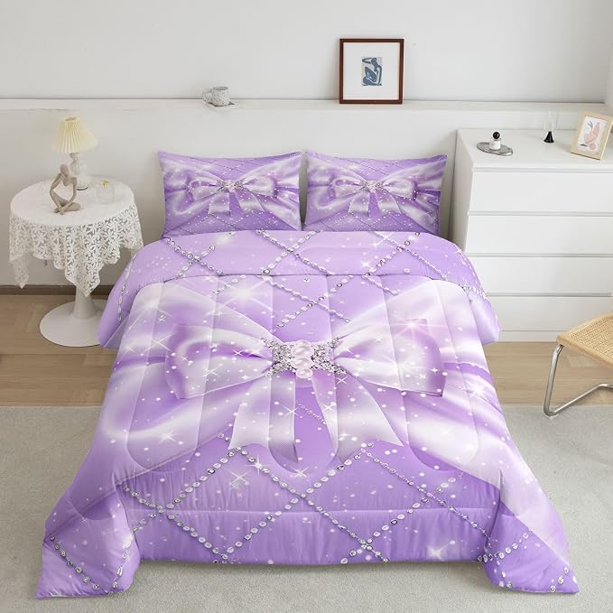 Feelyou Purple Bow Kids Comforter Set Queen Size Geometry Bowknot Bedding Set Glitter Duvet Quilt for Kids Boys Girls Bedroom Decor Microfiber Ultra Soft Breathable