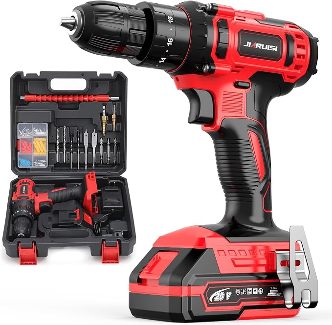 20V Cordless Drill, Electric Power Drill Set with Battery Charger and Carrying Case, 3/8” Keyless Chuck, 2 Variable Speed, 18+3 Torque, 72pcs Driver Bits and Belt Hook, Red