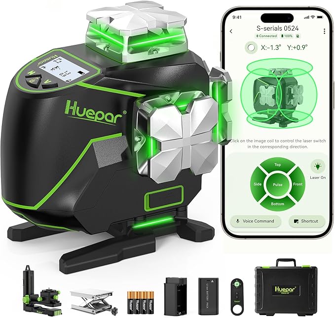 Huepar Laser Level 360 Self Leveling, 4x360° Green 4D Cross Line Laser with LCD Screen, Bluetooth Outdoor Pulse Mode Laser Tool for Construction -Remote Control, Li-ion Battery or 4 AA Batteries-S04CG