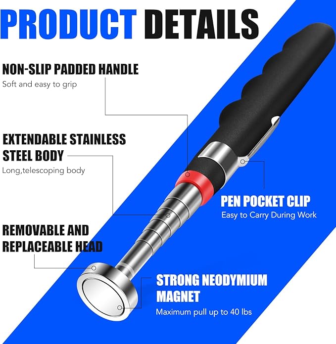 2PCS Telescoping Magnetic Pickup Tool with 40lb Pull Force, 30in Telescopic Strong Magnet Sticks, Non-Slip Long Extendable Magnet Pickup Tools, Magnetic Nail Picker Upper