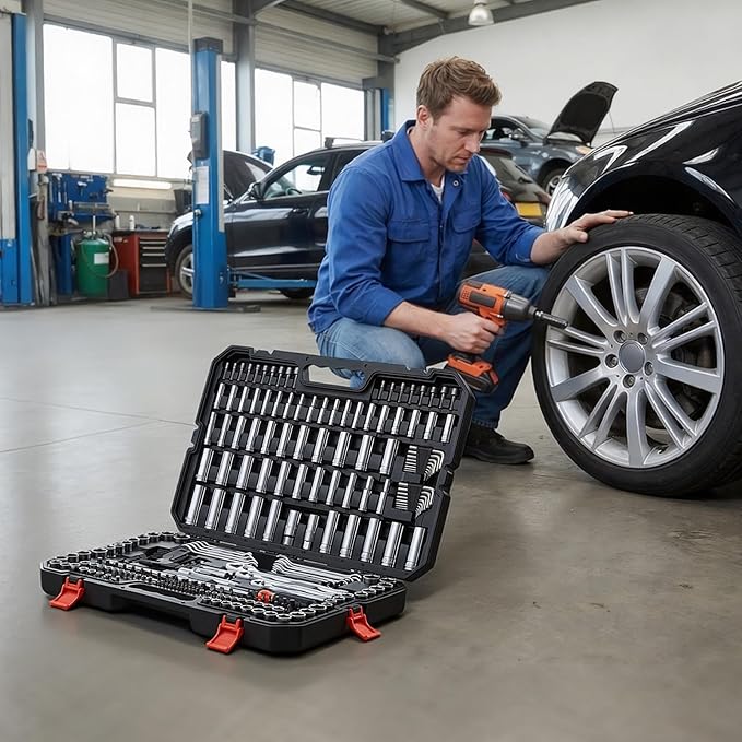 VEVOR Mechanics Tool Set, 253-Piece Mechanic Tool Kit, 1/4 in, 3/8 in, and 1/2 in Drive, SAE and Metric Socket Set, Wrenches, Screwdriver Bits, Accessories, and Storage Case, for Automotive Repair