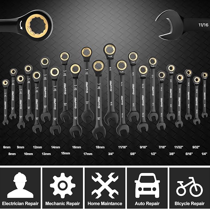 GRENPRO 23PCS Ratcheting Combination Wrench Set SAE Metric Mechanic Tools | 1/4"-3/4"&6-18MM Bolt Gauge, Electro-Coated CR-V 72-Tooth 5Deg Swing 12Pt Corrosion Resistant, Roll Pouch Auto&HomeRepair