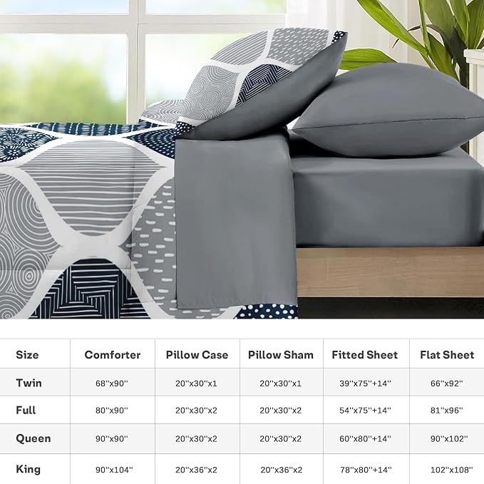 Nesker Comforter Set Queen Size, Boho Bohemian Abstract Blue Gray 7 Pcs Bedding for Kids and Adults, Indigo Geometry Grey Bed Sheet Sets with Fitted Sheet 2 Pillowcases & 2 Shams