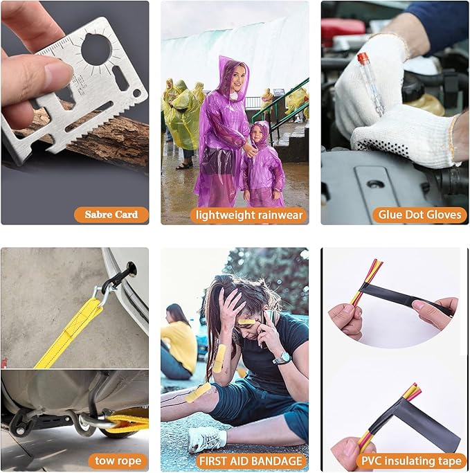 LIANXIN Car Roadside Emergency Kit, with Jumper Cables Automotive Kit,Car Safety Roadside Assistance Kit Headlamp,Tow Straps, Multi-Function Blades, Rainwear, Gloves.Blue