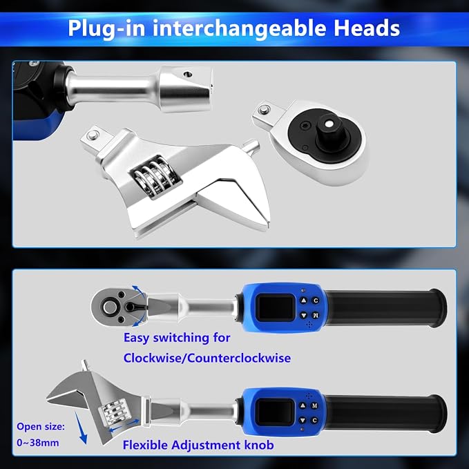 Adjustable Digital Torque Wrench, Hvac Torque Wrench 5-99.6Ft-lbs/6.8-135Nm | With 38 mm Adjustable Jaw, 3/8 Drive Ratchet, ±1% Accuracy, Color TFT Screen, Vibration, Buzzer and LED Indicator