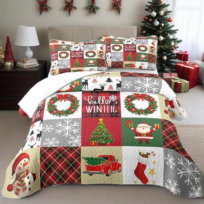 Merry Christmas Patchwork Quilt Set King- Santa Claus Snowman Tree Snowflakes Checkered Printed Holiday Bedding Set - Soft Microfiber Lightweight Comforter Coverlet Bedspread(Car, King(90"x104"))