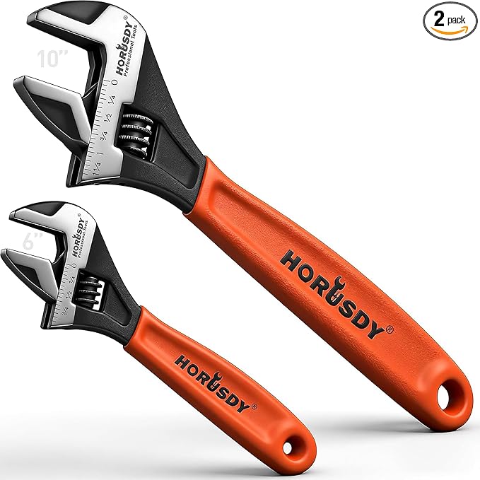 HORUSDY Adjustable Wrench Set | 2-Piece | 6-Inch and 10-Inch Wrenches | Metric & SAE Scales | Cushion Grip Wrench | Cr-V Steel
