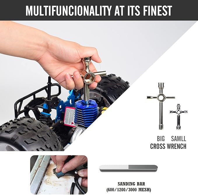 RC Car Tool Kit (27pcs), Screwdriver Set (Flat, Phillips, Hex), Pliers, Cross Wrench, Body Reamer, Stand, Polished Bar Hobby Repair Tools for Traxxas Car Quadcopter Drone Helicopter Airplane