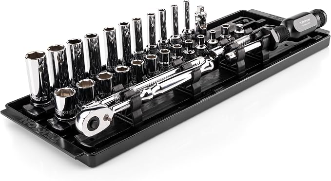 TEKTON 1/4 Inch Drive 6-Point Socket and Ratchet Set with Rails and Tray, 29-Piece (5/32-9/16 in.) | SKT03101