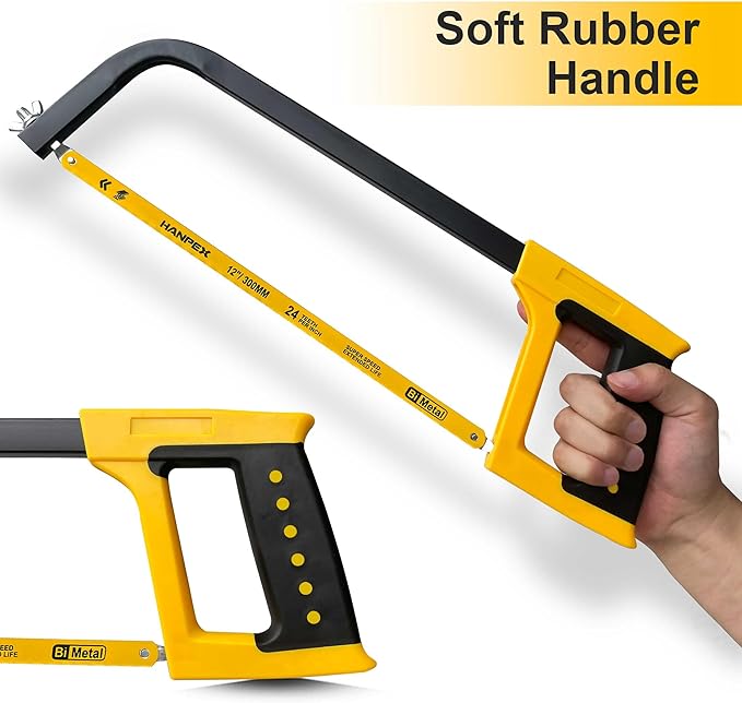 Hanpex 12inch High-Tension Hacksaw Frame with 24 TPI Bi-metal Blade, Hand Saw Suitable for Metal, wood, PVC, Carpentry