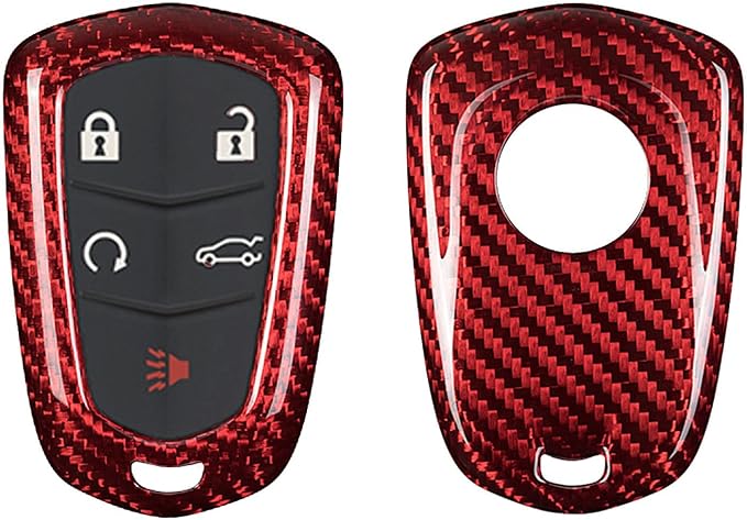 Genuine Carbon Fiber Key Fob Cover for Cadillac ATS Coupe ATS-L ATS-V CT6 CTS CTS-V Escalade ESV SRX XT4 XT5 XT6 XTS Smart Car Remote Key Fob Case for Men Women - for Round Logo Back - Red