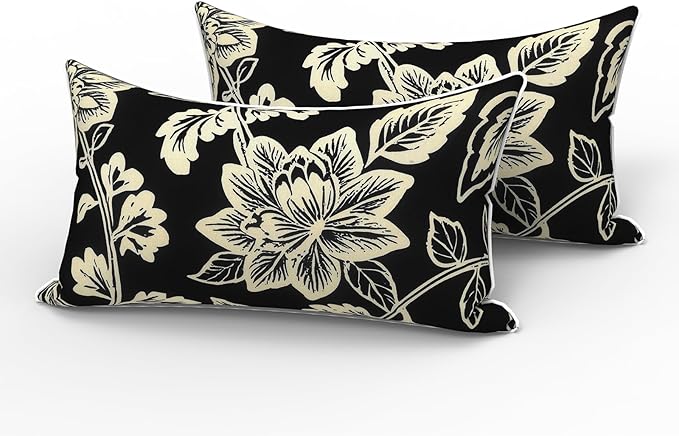 LVTXIII 2 Pack Outdoor Lumbar Pillows 12x20 Inch with White Piping, Fade Resistant Support Throw Pillows with Inserts for Patio Furniture, Sofa, Chair, Elegant Vines Black