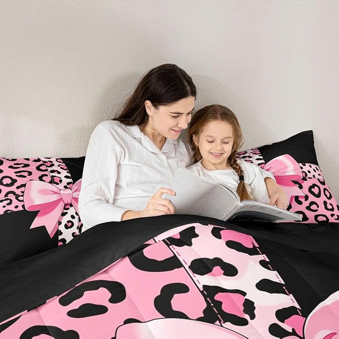 Feelyou Leopard Print Comforter Set All Season Cute Cheetah Bow Bedding Set with 2 Pillow Cases Animal Fur Microfiber Kids Queen Bedclothes Bedroom Decor Duvet Quilt Breathable Soft Lightweight