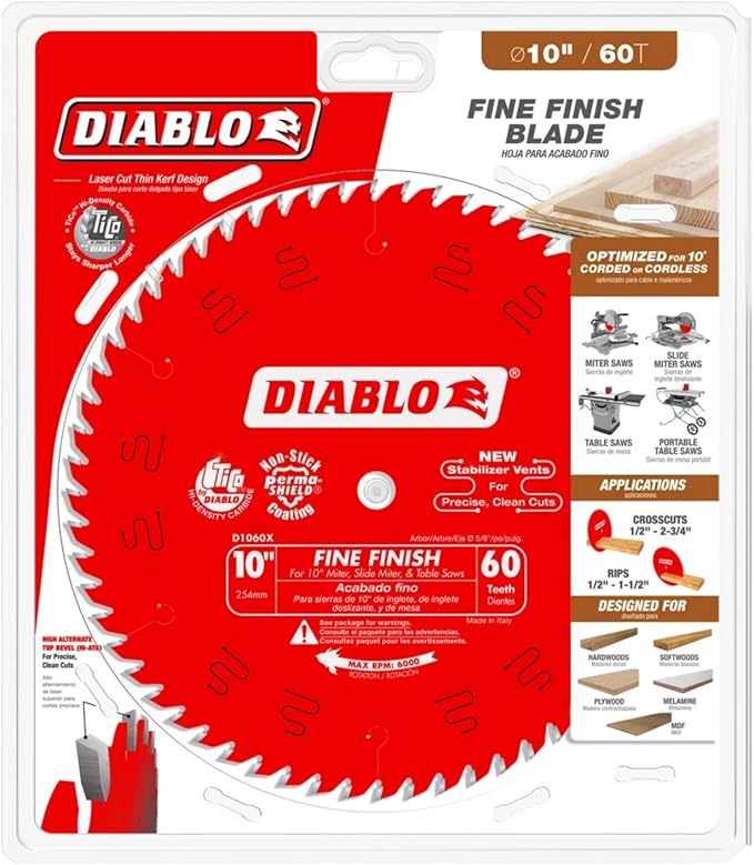 Diablo Fine Finish Saw Blade for Wood - Ultra-Smooth Cuts, 60 Hi-ATB Teeth, 10" Diameter, .098" Kerf, 5/8" Arbor - D1060X