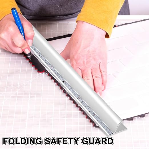 Tellegloww 1 Pcs 36 Inch Aluminum Cutting Safety Ruler with Non Slip Base Finger Guard Edge, Dual-Scale (Inch and Metric), Light Craft Safety Ruler, Use with Rotary Cutter for Paper, Leather, Fabric
