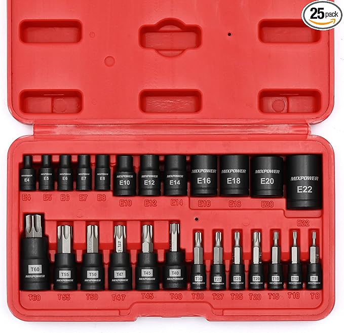 MIXPOWER 25 Piece Torx Bit and Socket Set, 13 Star Bits (T8- T60) & 12 E-Torx Sockets (E4-E22), Professional Grade Auto & Motorcycle Mechanic Set