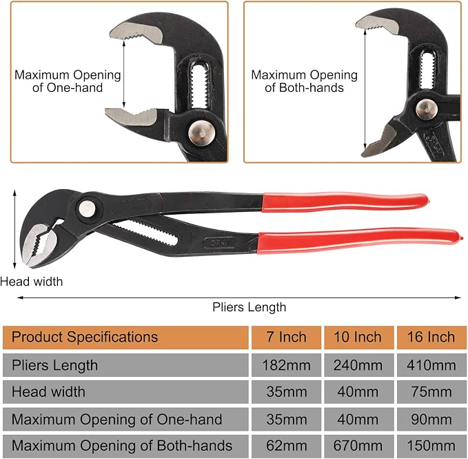 HighFree 3PCS Water Pump Pliers Set 7Inch, 10Inch, 16Inch, Tongue and Groove Pliers Set Quick Adjustment by Pressing and Sliding Grips Any Shaped Object