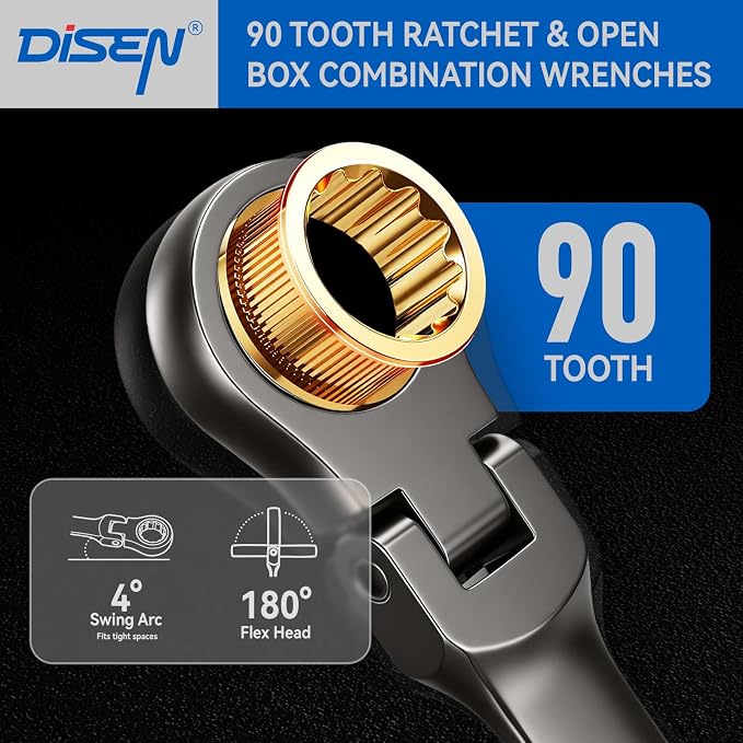 DISEN Ratcheting Wrenches Set 90 Tooth Flex-Head with Nickel Plating 24 Pcs | Ratchet Wrenches Set 12pcs Metric(8-19 MM) + 12pcs SAE (1/4-3/4 IN) with Organizer Racks per Set, Cr-V, for DIY Holiday Gift