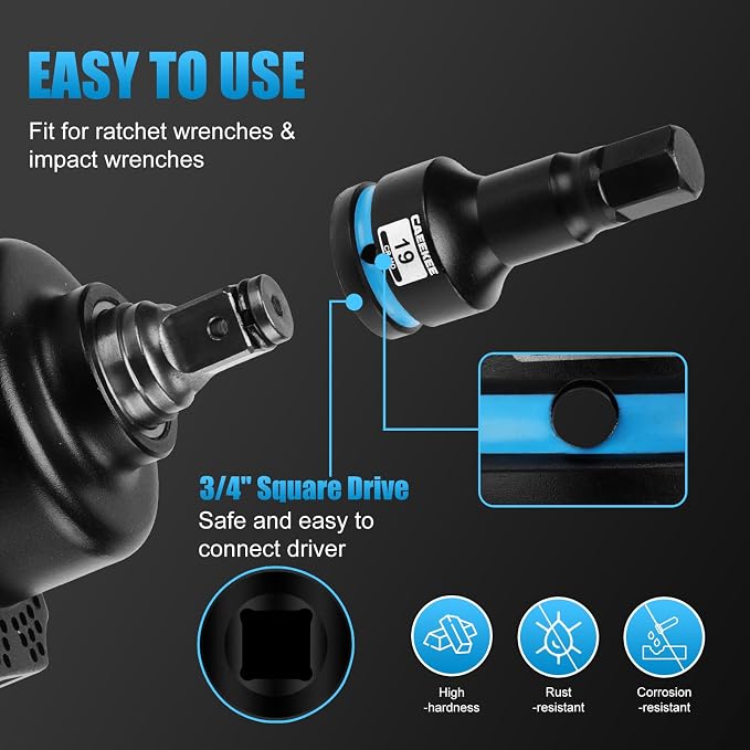 3/4" Drive Master Impact Hex Bit Socket Set, 10 Pieces Allen Bit Socket Set, Cr-Mo, SAE/Metric, 3/4" - 1-1/4", 14mm - 24mm, Heavy Duty Storage Case