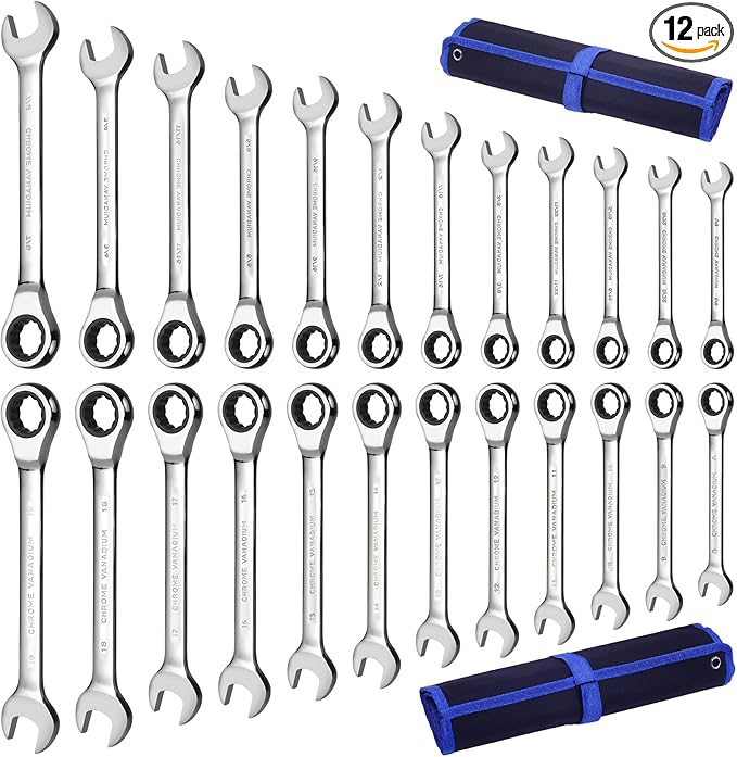 Qnkaa 24pcs Ratcheting Wrench Set Metric 8mm to 19mm& SAE 1/4" to 7/8" | Ratchet Combination Wrenches Set Wrench set Metric and Standard with Rollup Pouches