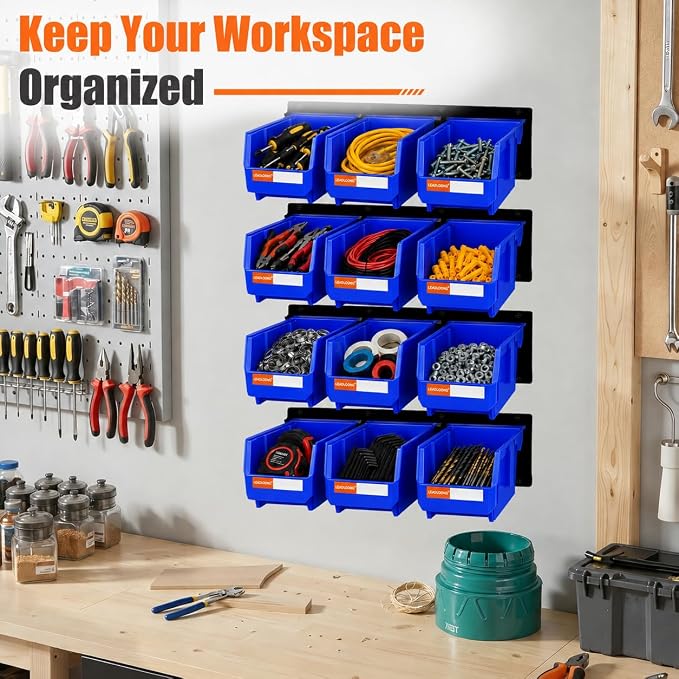 12pc Wall-Mounted Storage Organizer Set with Metal Rails Blue | Heavy duty tool organization box with metal rails. Ext 7"x5"x4" for garage screws nuts bolts.