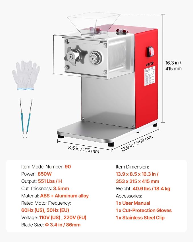 VEVOR Meat Cutting Machine, 850W Commercial Slicer, 3.5mm Heavy Duty Stainless Steel Blade Shredder for Boneless Meat Soft Vegetables, Electric Food Slicers for Kitchen Restaurant Supermarket