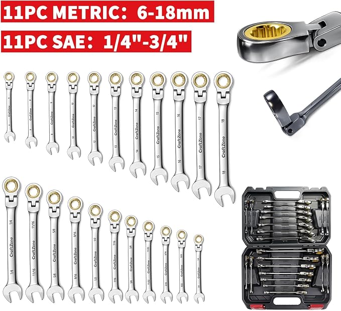 Professional Ratcheting Wrench Set,22-Piece SAE&Metric Combination Ratchet Wrenches 72-Tooth Reversible Mechanism,Premium Chrome Vanadium Steel Flex Head Wrench Set for Mechanics and Automotive Repair