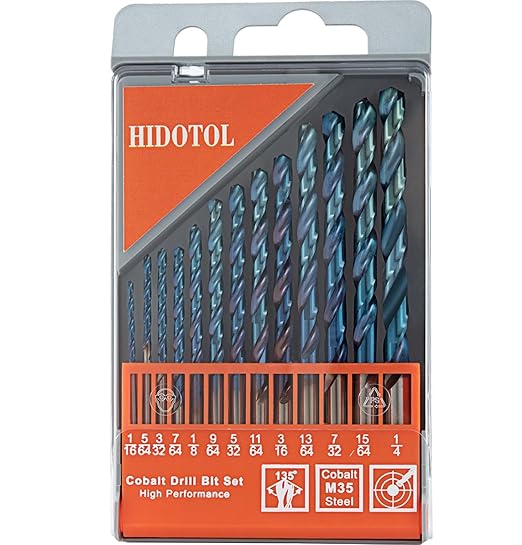 HIDOTOL 13 PCS Blue Coating Cobalt Drill Bit Set M35 HSS Twist Drill Bits 1/16"-1/4" for Hardened Metal, Stainless Steel, Cast Iron, Plastic and Wood