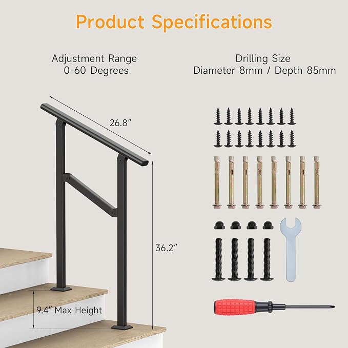 Hand Rails for Outdoor Steps 2-5 Steps Wrought Iron Handrails | Stair Railing for Porch, Home, Garden, Indoor, Staircase Handrails for Wooden, Cement, Brick, Marble (2 Steps)