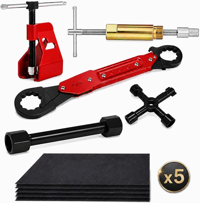 10 Pcs Angle Stop Wrench Kit Plumbing Tool for Under Sink Valve Repair Set | With Compression Sleeve Puller, Ferrule Removal Tool, 4-Way Utility Key, Dual-End MPT Socket and 5 180-Grit Polishing Discs