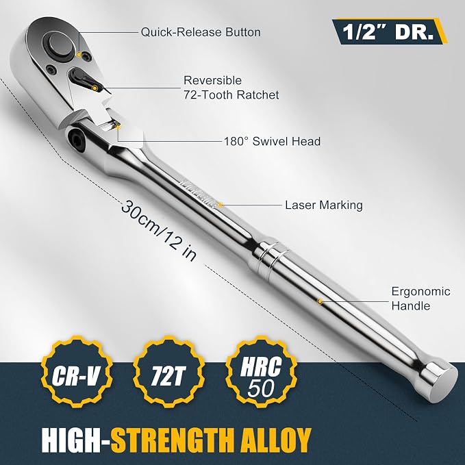 YIYEIE 1/2" Drive Flex Head Ratchet, 72-Tooth Quick-Release, CR-V Steel, Full Chrome, Swivel Head Ratchet Wrench with EVA Foam Tray, for Auto Mechanic & DIYer | 12 Inch Long