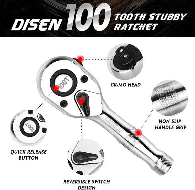 DISEN 3-Piece Stubby Ratchet Set – 1/4", 3/8", 1/2" Drive | 100-Tooth Ratchet with EVA Storage Tray | Quick Release Button | Non-Slip Grip | Reversible 3.6° Design for Tight Spaces, Chrome Finish