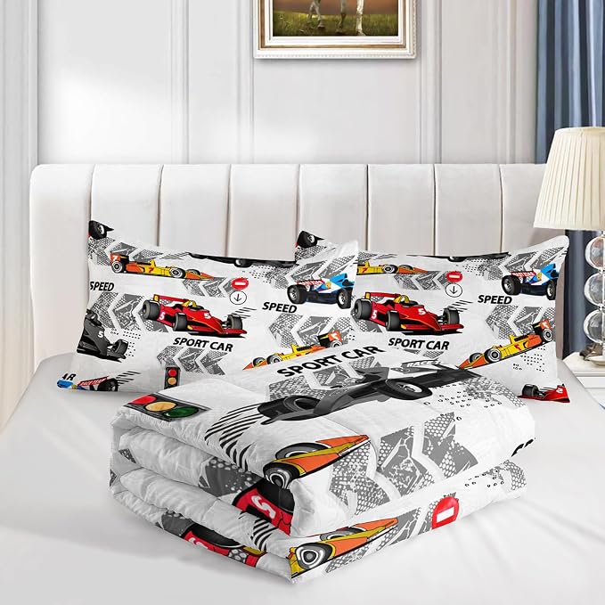 Axolotl Racing Car Comforter Set King Size,Extreme Sports Themed Boys Bedding for Boys Teens Girls,3 Piece Cool Speed Race Cars Quilt Set with 1 Comforter 2 Pillowcases,Multi Color