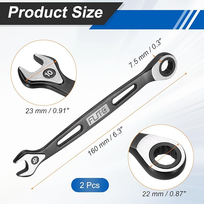 HARFINGTON 2Pcs Ratcheting Combination Wrench 10mm Stubby Wrench Metric High Carbon Steel Double 12-Point Box Open-Ended Ratchet Spanner Tool for Household Garage Workshop Auto Repairs, Black
