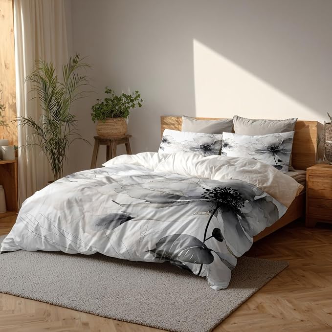 Batmerry Flowers Watercolor Full Size 100% Cotton Duvet Cover Sets, Elegant Black White Flower Painting Bedding Set with Zipper Closure Corner Ties, 3 Pieces (1 Cover + 2 Pillowcases No Comforter)