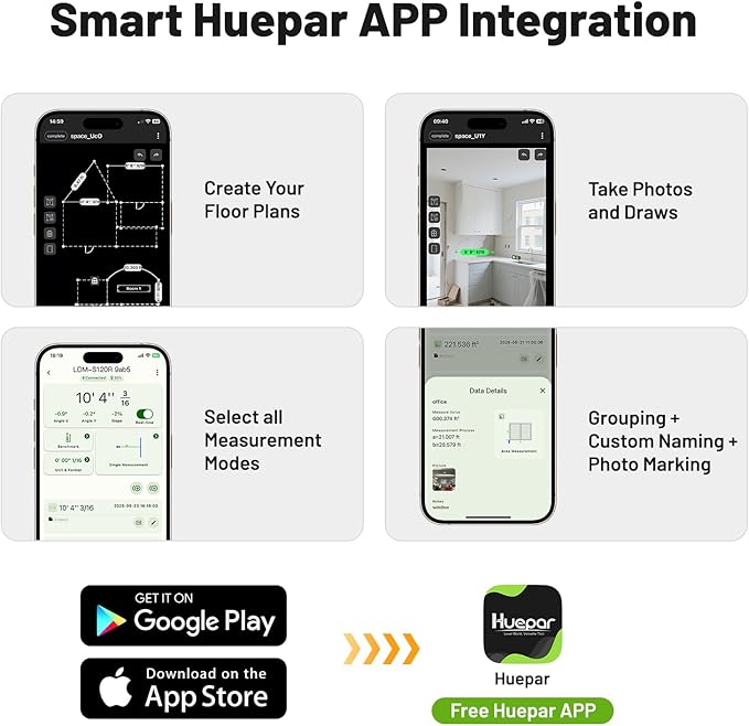 Huepar Laser Distance Measure 395Ft. Digital Rechargeable Laser Measuring Tool with Bluetooth -Phone APP, 1/16in Accuracy, Angle Sensor, M/in/Ft Unit, Pythagorean Mode, Measure Distance, Area, Volume