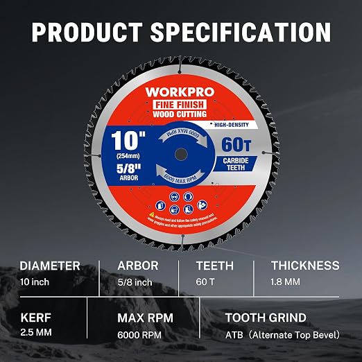 WORKPRO 10 Inch Woodworking Circular Saw Blade, 60T Fine Finish Plywood & Trim, Thin Kerf, Carbide Tipped, ATB Tooth, 1-Pack