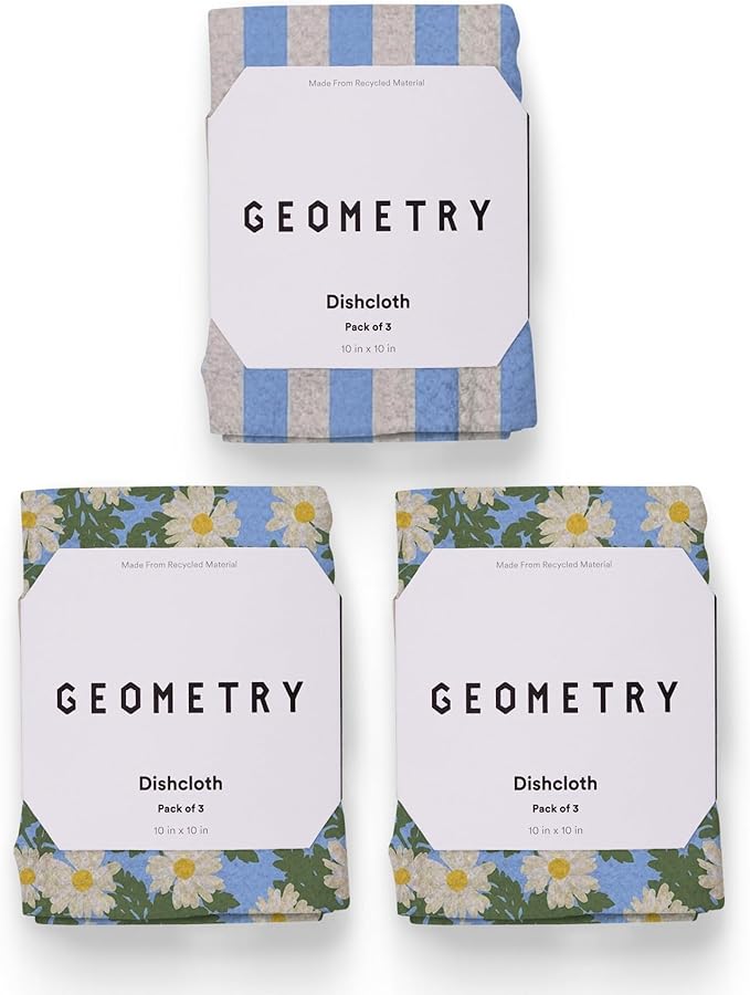 GEOMETRY Kitchen Dish Cloths - Spring & Summer Collection - Premium Dishcloths with Geoweave - Absorbent & Fast Drying Kitchen Towels - Daisy Sky, 10" x 10" - 3-Pieces