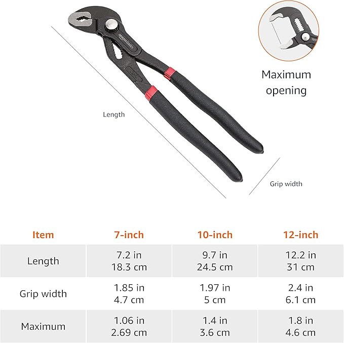 Amazon Basics 3-Piece Quick Release Groove Joint Pliers Set, Drop Forged Chrome Vanadium Steel with Comfortable Rubber Grip, Adjustable, 7-inch, 10-inch, and 12-inch, Black