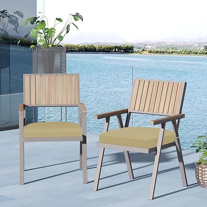 Cozyide Outdoor Chair Cushions, Waterproof Patio Seat Cushions with Adjustable Straps, Round Corner Patio Chair Cushions for Garden, Khaki, 17x16x2 Inch (Pack of 2)
