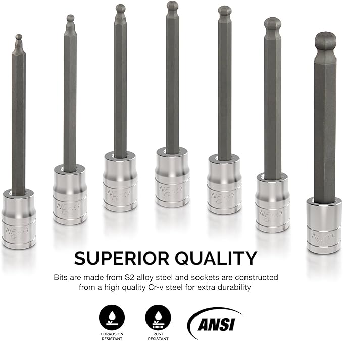Neiko 10243A 3/8-Inch-Drive Extra-Long Ball-End Hex-Bit Socket Set, Metric Sockets 3/8" or 3 to 10 mm, S2 Steel, 7-Piece Set