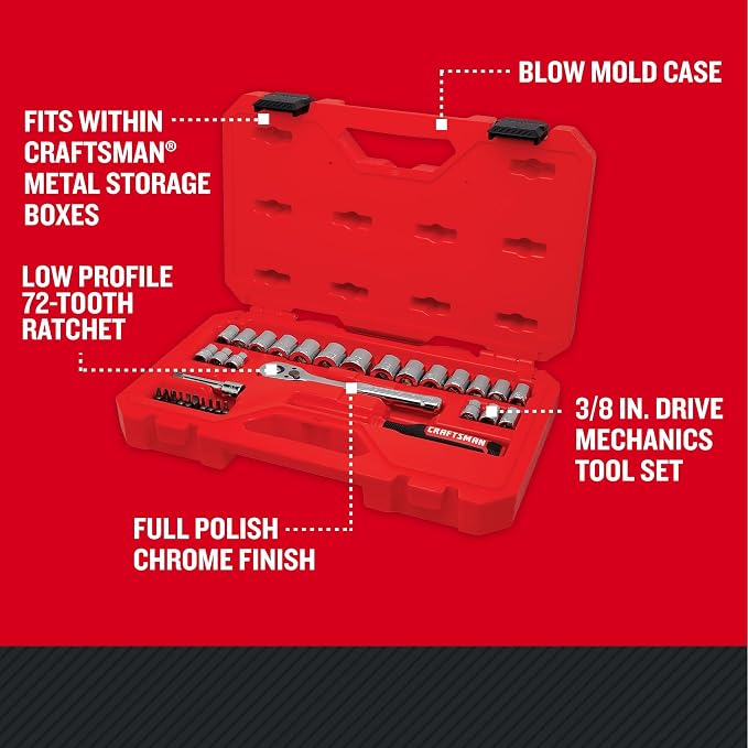 CRAFTSMAN Mechanics Tool Set, 33 Piece, 3/8 Inch Drive SAE/Metric (CMMT12113) (Pack of 4)