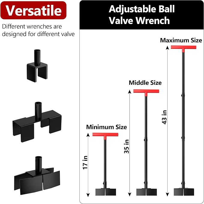 Ball Valve Wrench and Water Valve Key, Adjustable Handle from 16.3- 43.3in | 3Pcs Replaceable Wrench Fit For Ball Valve Water Meters, Check Backflow Preventer, Fire Protection Riser or Irrigation System