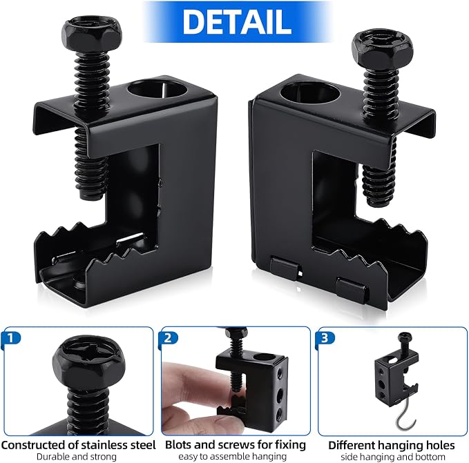 50pcs Spring Steel Beam Clamps 1/4"-20 Metal Beam Hangers Bolt on Clamp for 1/4" and 3/8" Threaded Rod, S-hooks and Bridle Rings, Black