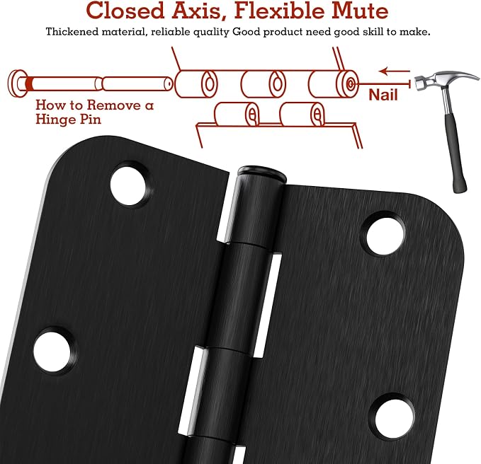 6 Pack Black Oil Rubbed Bronze Door Hinges 3.5" x 3 1/2 Inch Black Brushed Interior Hinge Rounded 5/8" Radius Corner 3 ½"Iron Residential Standard Bedroom Bifold Single Double Doors Hardware Kit