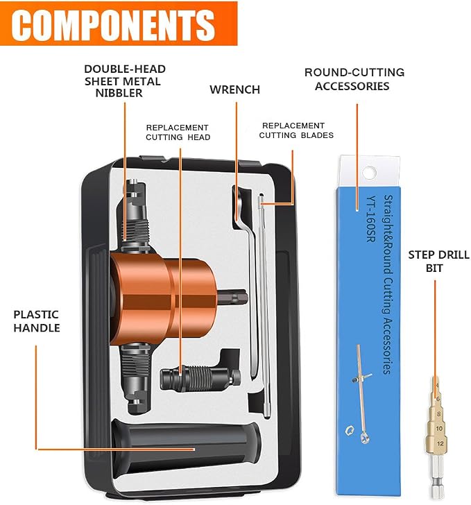 Dicfeos Double Head Sheet Metal Cutter, Versatile Nibbler Drill Attachment for Straight Curve and Circle Cutting, Maximum 14 Gauge Steel, Perfect for Home DIY and Car Repair